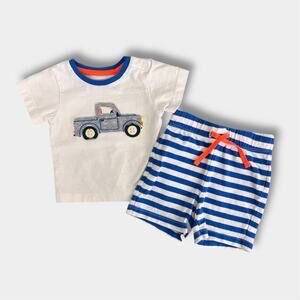 Mini Boden Jersey Short Set Blue Stripe Applique Truck 0-3 Months